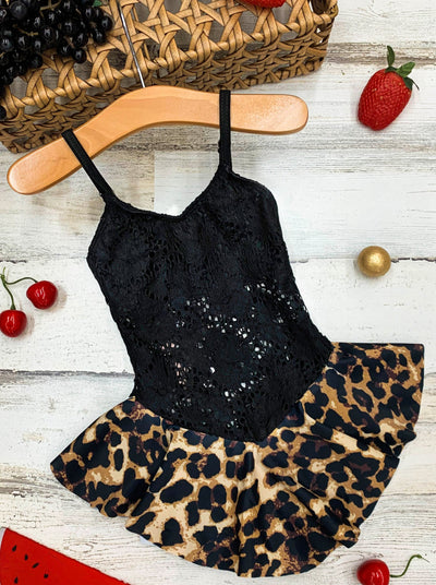 Kids Cute Swimsuits | Lace Leopard Print Skirt One Piece Swimsuit
