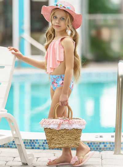 Kids Resort Wear | Little Girls Floral Print Ruffle Two Piece Swimsuit
