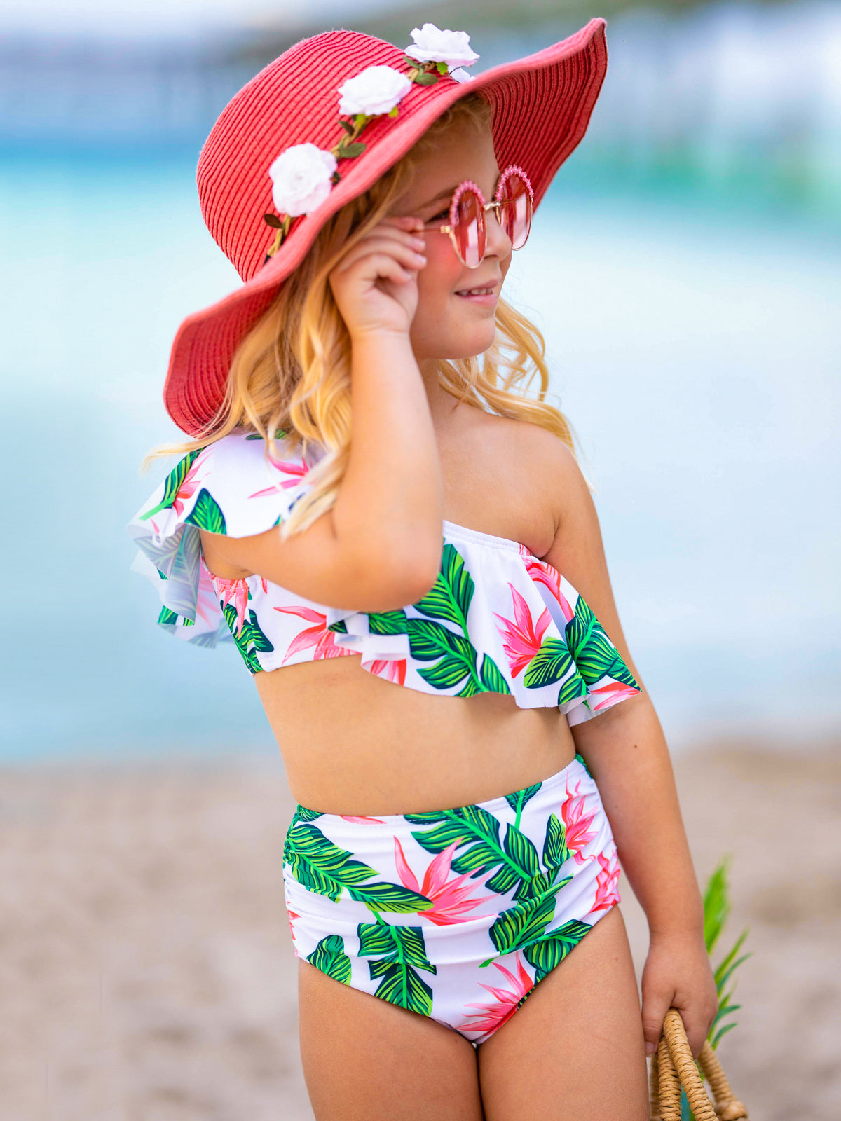Girls Tropical Escape One Shoulder High Waisted Two Piece Swimsuit 3T-14Y