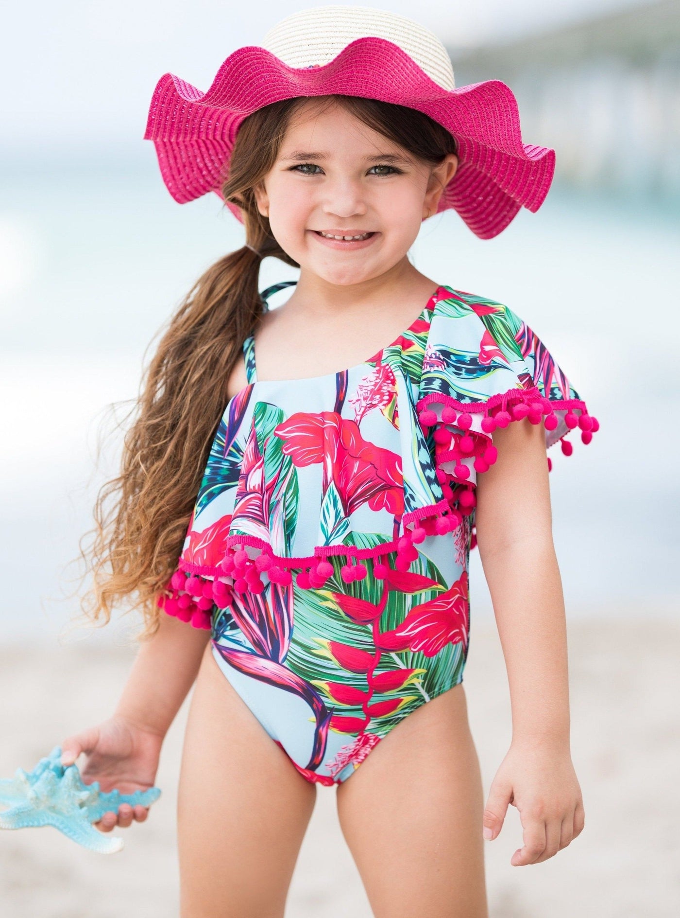 Kids Swimsuits  Girls Tropical Print One Shoulder One Piece Swimsuit – Mia  Belle Girls