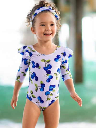 One-piece swimsuit with swoop back, ruffle shoulders, blue cherry print and matching headband 3T/4T to 8Y for toddlers and girls