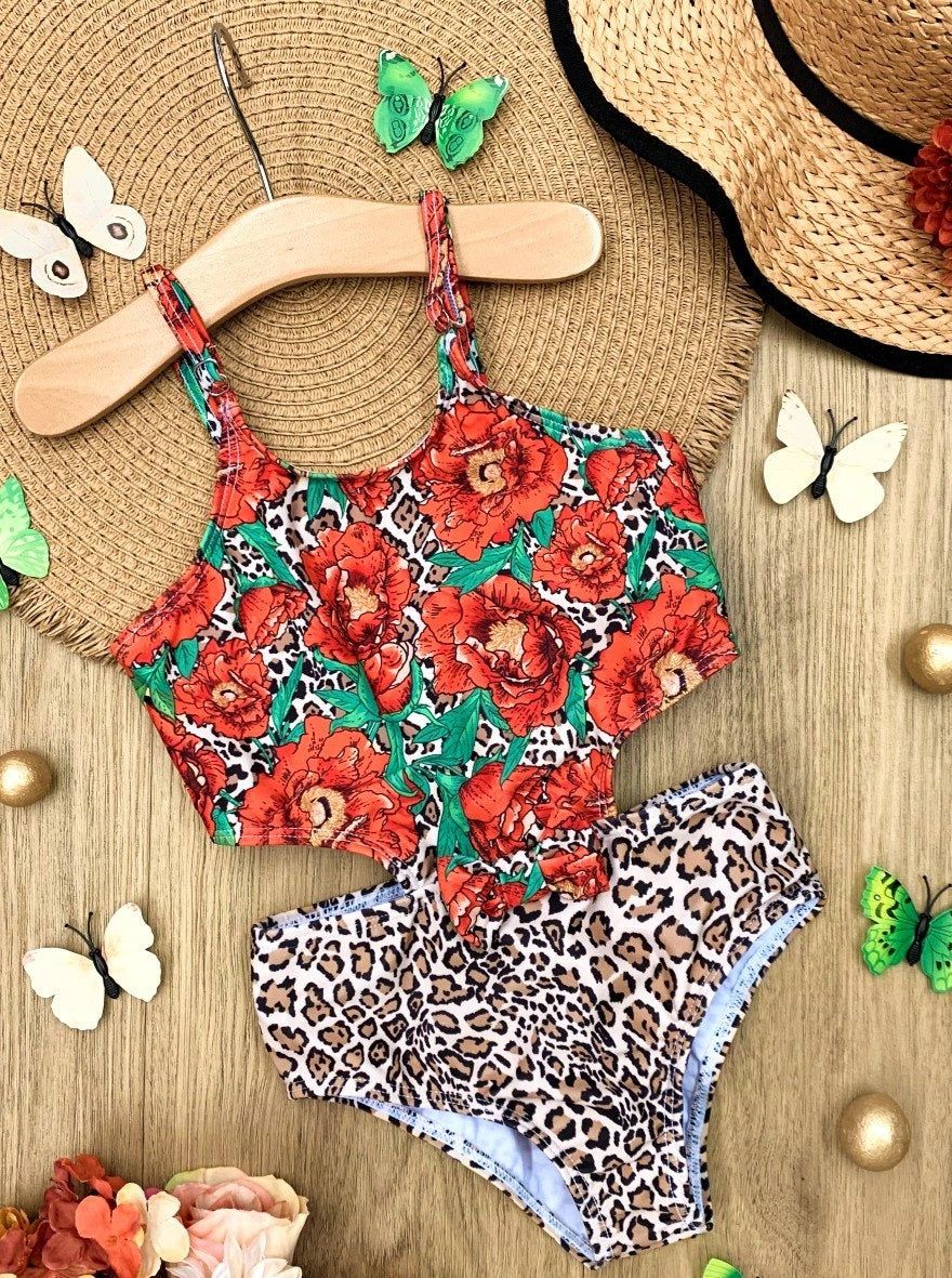 girls one piece swimsuit floral leopard orange 2T-10Y
