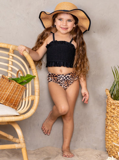 Two-piece swimsuit includes stretchy ruffle smocked top and leopard print style bottoms 2T-10Y/12Y