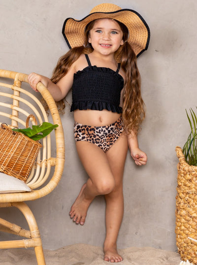Two-piece swimsuit includes stretchy ruffle smocked top and leopard print style bottoms 2T-10Y/12Y