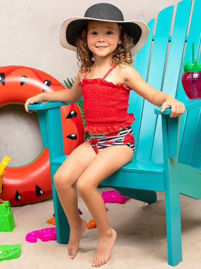 Girls Ruffle Smocked Top and High-Waisted Watermelon Two-Piece Swimsuit