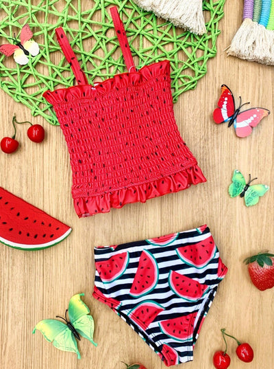Girls Ruffle Smocked Top and High-Waisted Watermelon Two-Piece Swimsuit