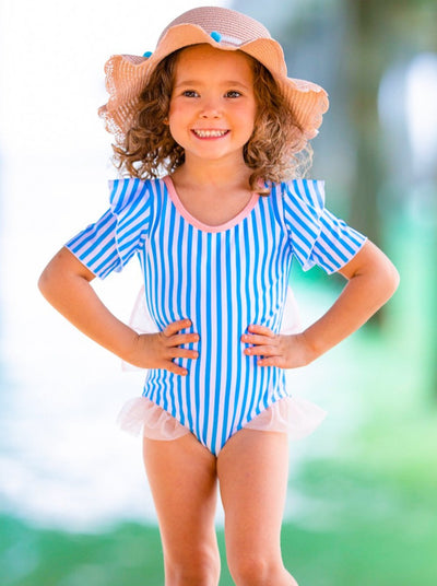 girls one piece swimsuit ruffled shoulder strips white and blue 2T-8Y