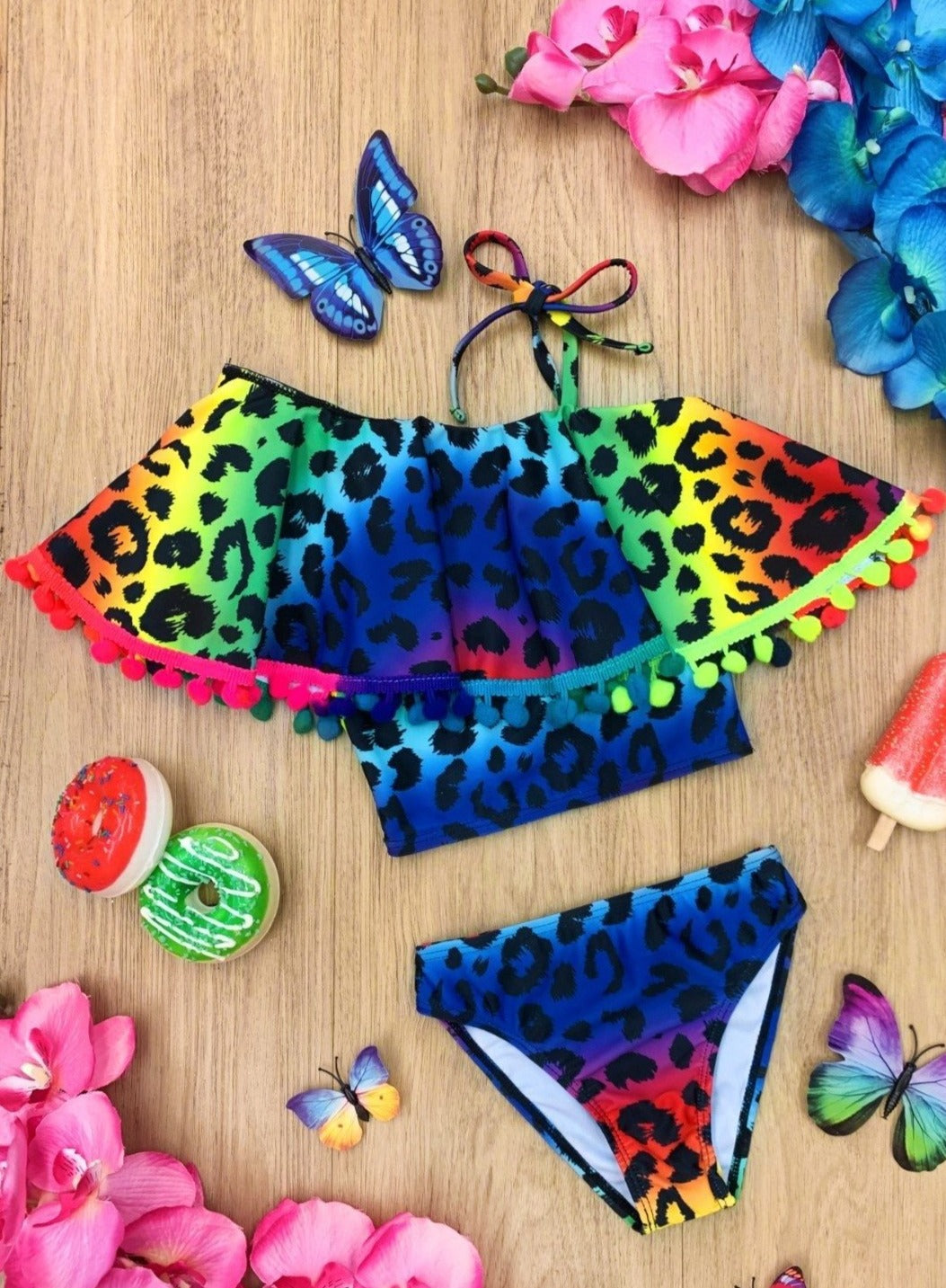 Girls Neon Rainbow Leopard Two Piece Swimsuit | Mia Belle Girls