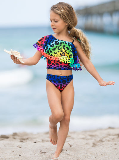 Girls Spring Two-piece Swimsuit with one shoulder and cute neon leopard prints 2T/3T to 10Y/12Y
