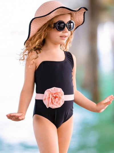 Kids Swimsuits | Girls One Shoulder Flower Belt One Piece Swimsuit