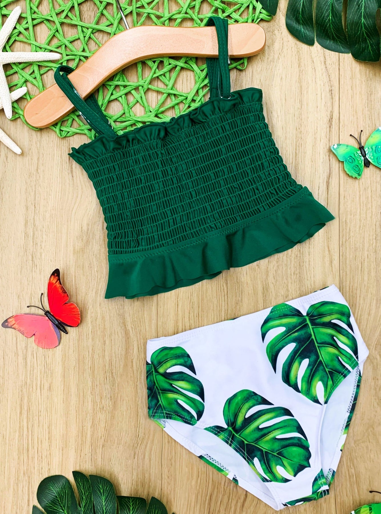 Kids Swimsuit | Girls Tropical Smocked High Waisted Two-Piece Swimsuit ...