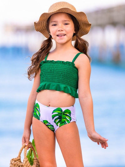 Kids Swimsuit | Girls Tropical Smocked High Waisted Two-Piece Swimsuit
