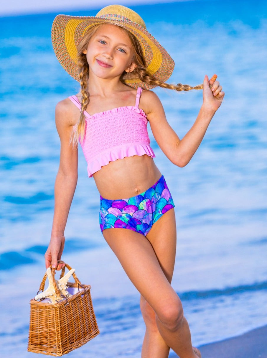 Girls Stretchy Bandeau and High Waisted Mermaid Bottoms Two-Piece Swimsuit 6Y-14Y