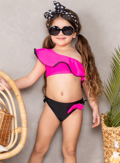 Kids Cute Swimsuits | Girls One Shoulder Ruffled Two Piece Swimsuit