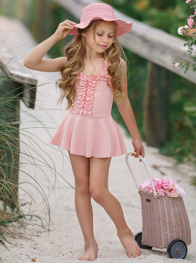 Girls Pink Ruffled Skirted One Piece Swimsuit 2T-8Y