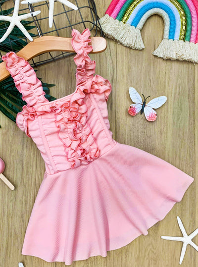 Girls Pink Ruffled Skirted One Piece Swimsuit 2T-8Y