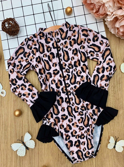 Girls Leopard Print Rash Guard One Piece Swimsuit | Mia Belle Girls