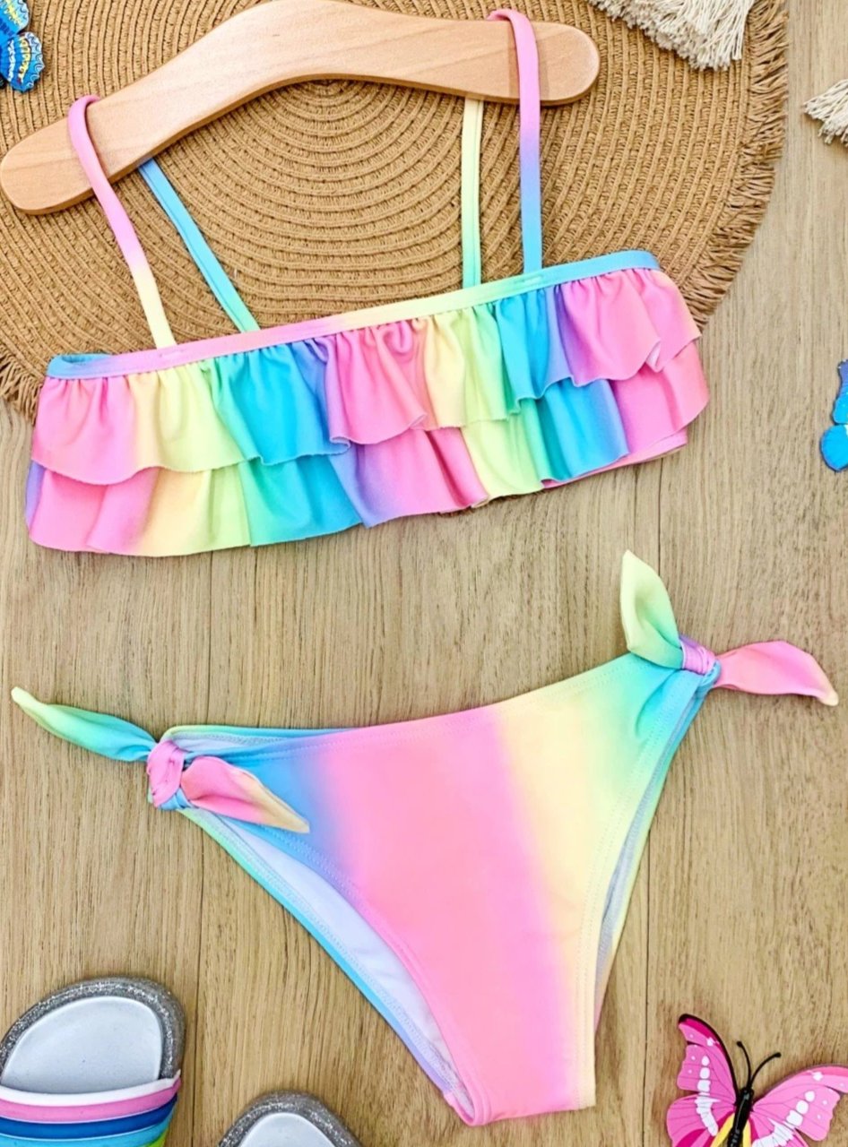Kids Resort Wear | Little Girls Ruffled Rainbow Two Piece Swimsuit