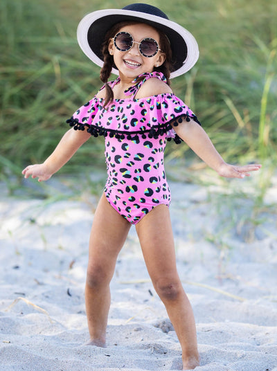 Kids Swimsuits | Little Girls Leopard Tassel Bib One Piece Swimsuit
