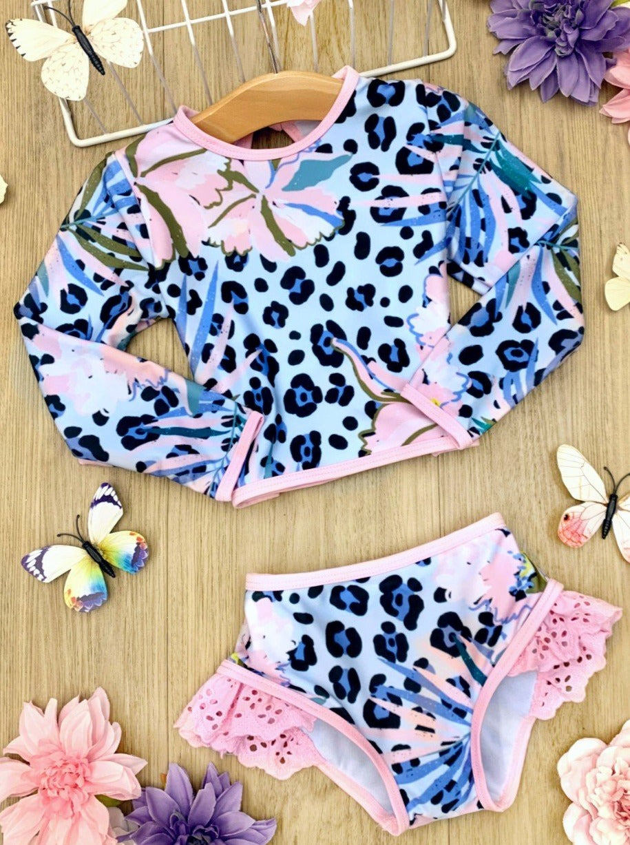 Little Girls Leopard Floral Rash Guard Two Piece Swimsuit | Boutique
