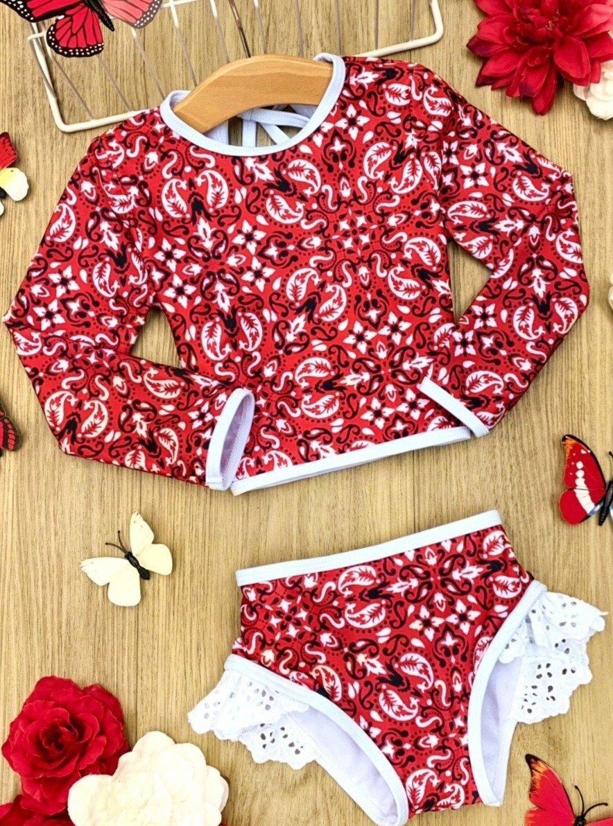 Toddler Rash Guard Swimsuit | Girls Paisley Print Two Piece Swimsuit