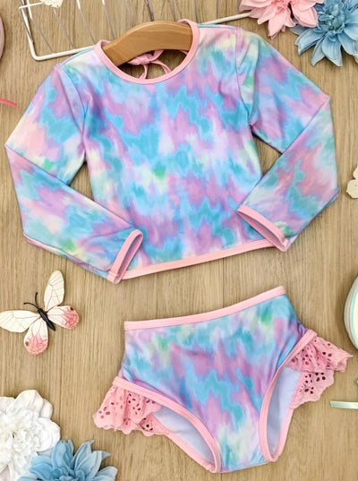 girls two piece rash guard swimsuit tie dye print bottom with fringes 2T-10Y pink-blue-purple