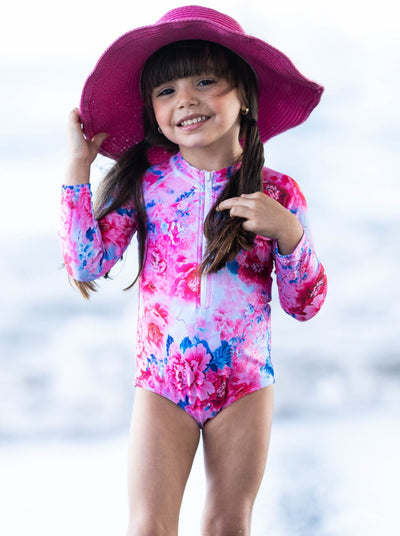 Kids Swimsuits | Girls Flower Zipper Rash Guard One Piece Swimsuit