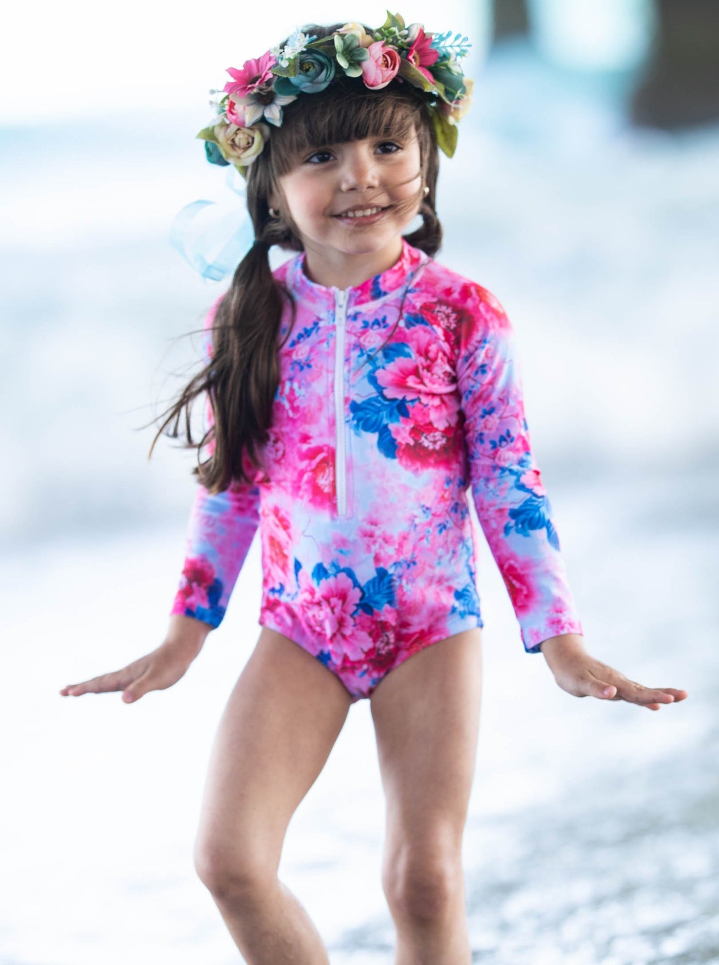 Kids Swimsuits | Girls Flower Zipper Rash Guard One Piece Swimsuit