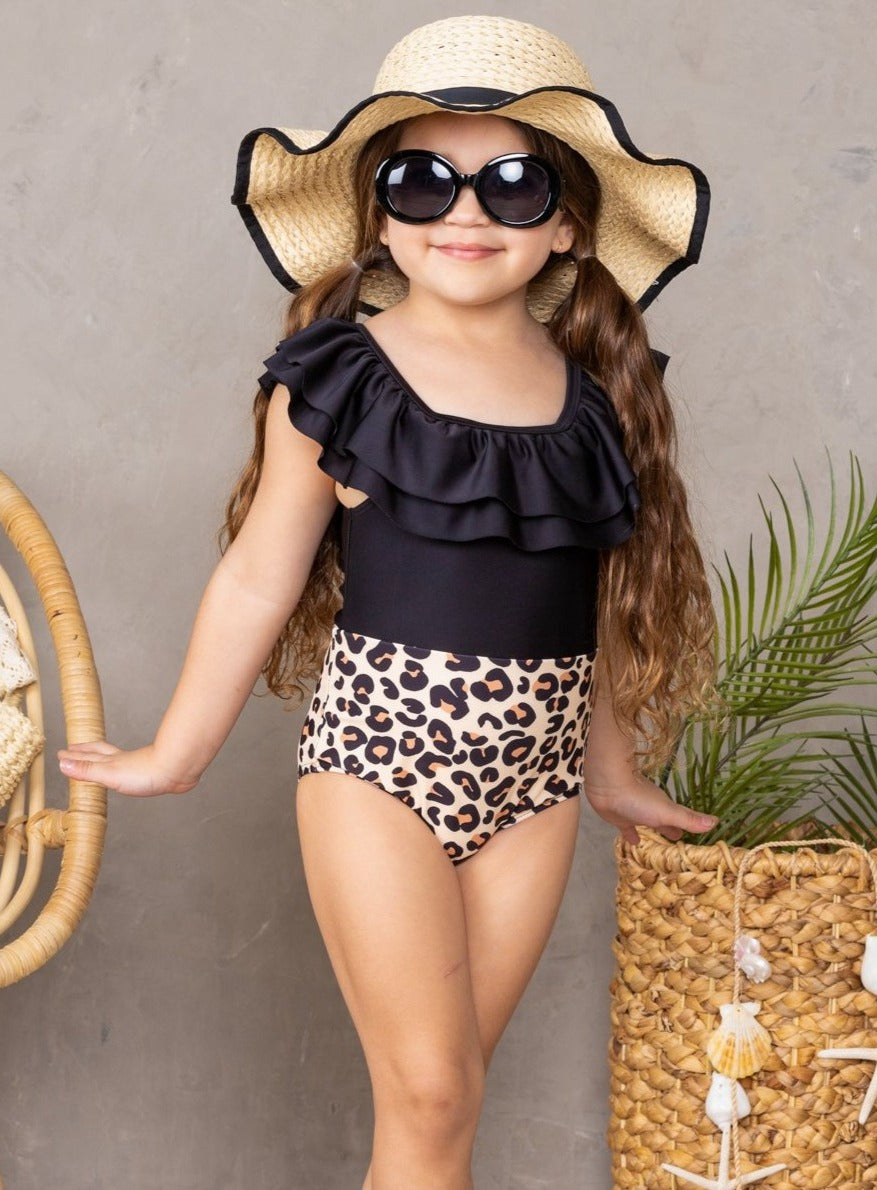 One Piece Girls Swimsuit | Ruffle Shoulder Leopard Colorblock Swimsuit