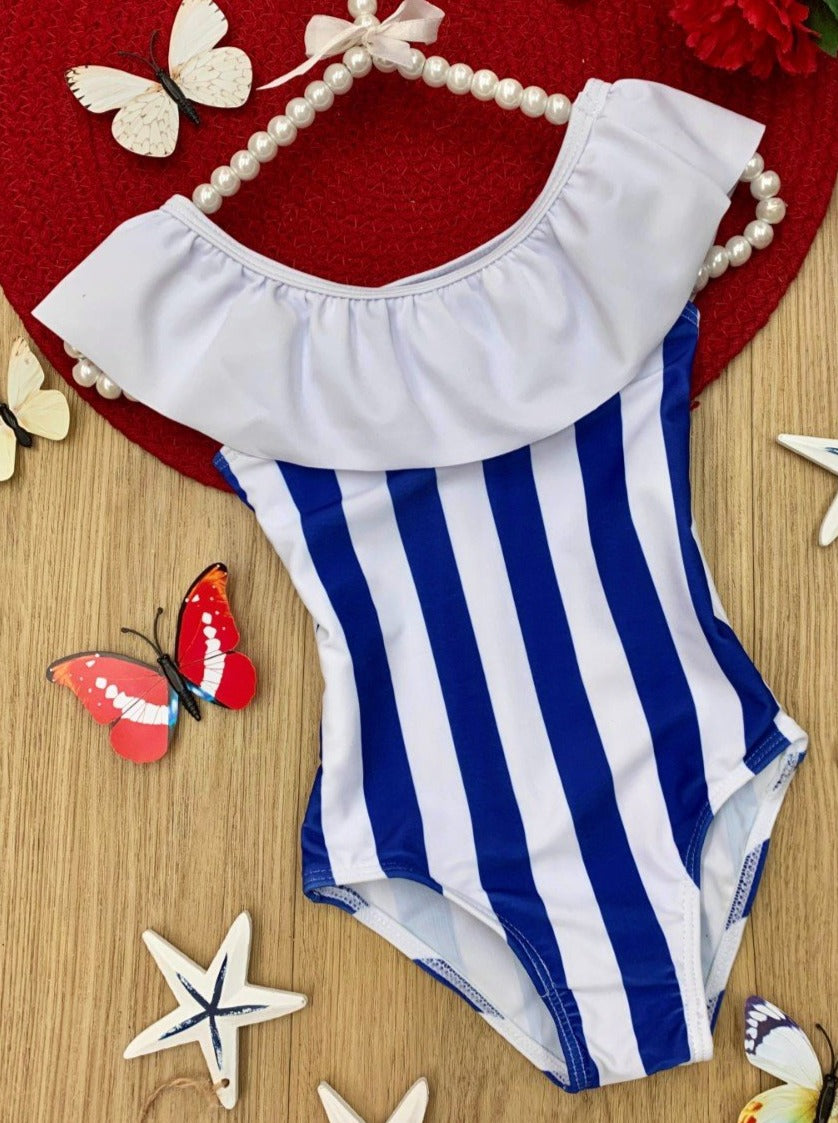 Kids Swimsuits | Little Girls Striped Ruffle Bib One Piece Swimsuit