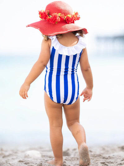Kids Swimsuits | Little Girls Striped Ruffle Bib One Piece Swimsuit