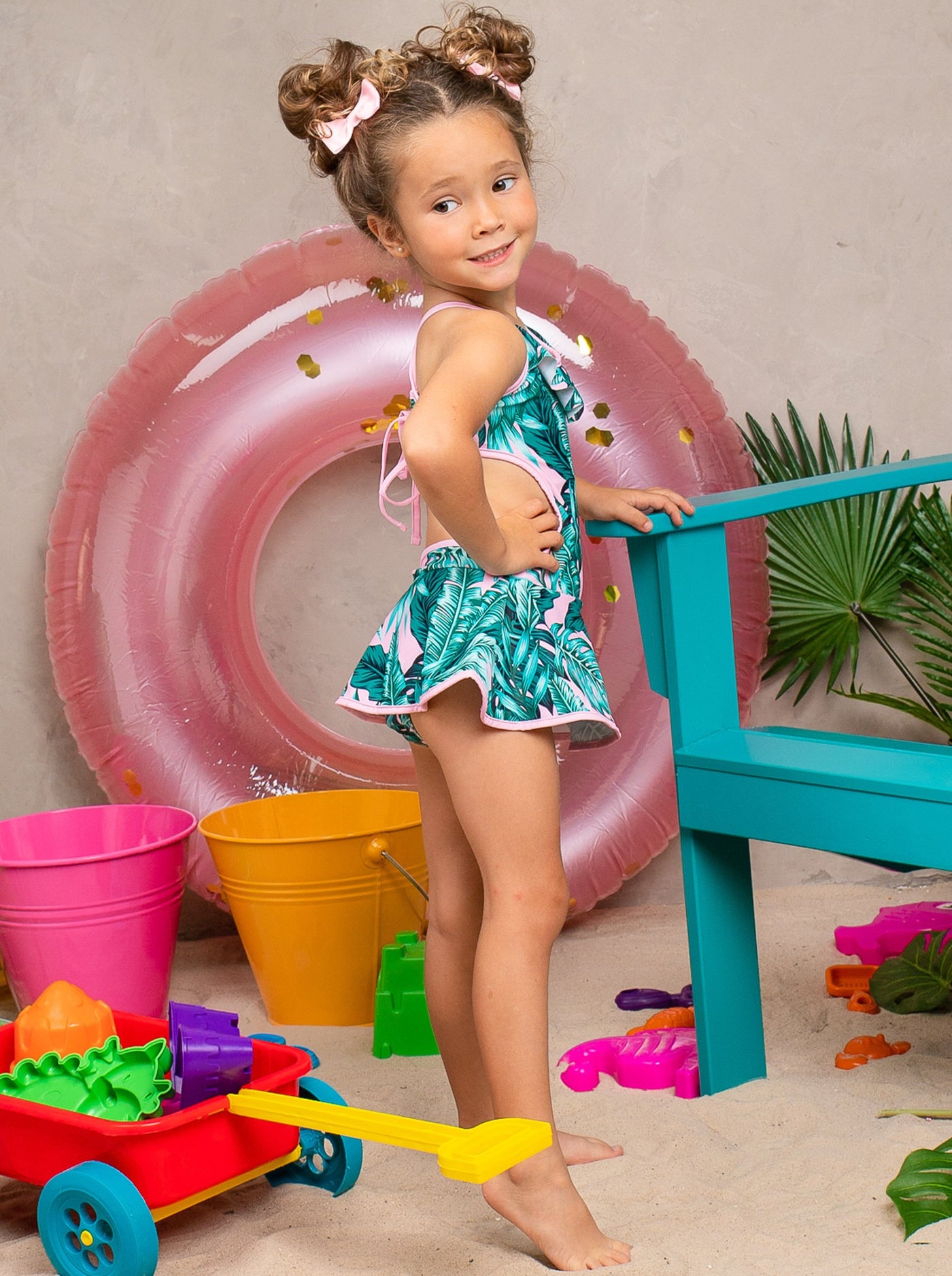 Girls skirted halter one-piece swimsuit with palm print and open back 2T/10Y