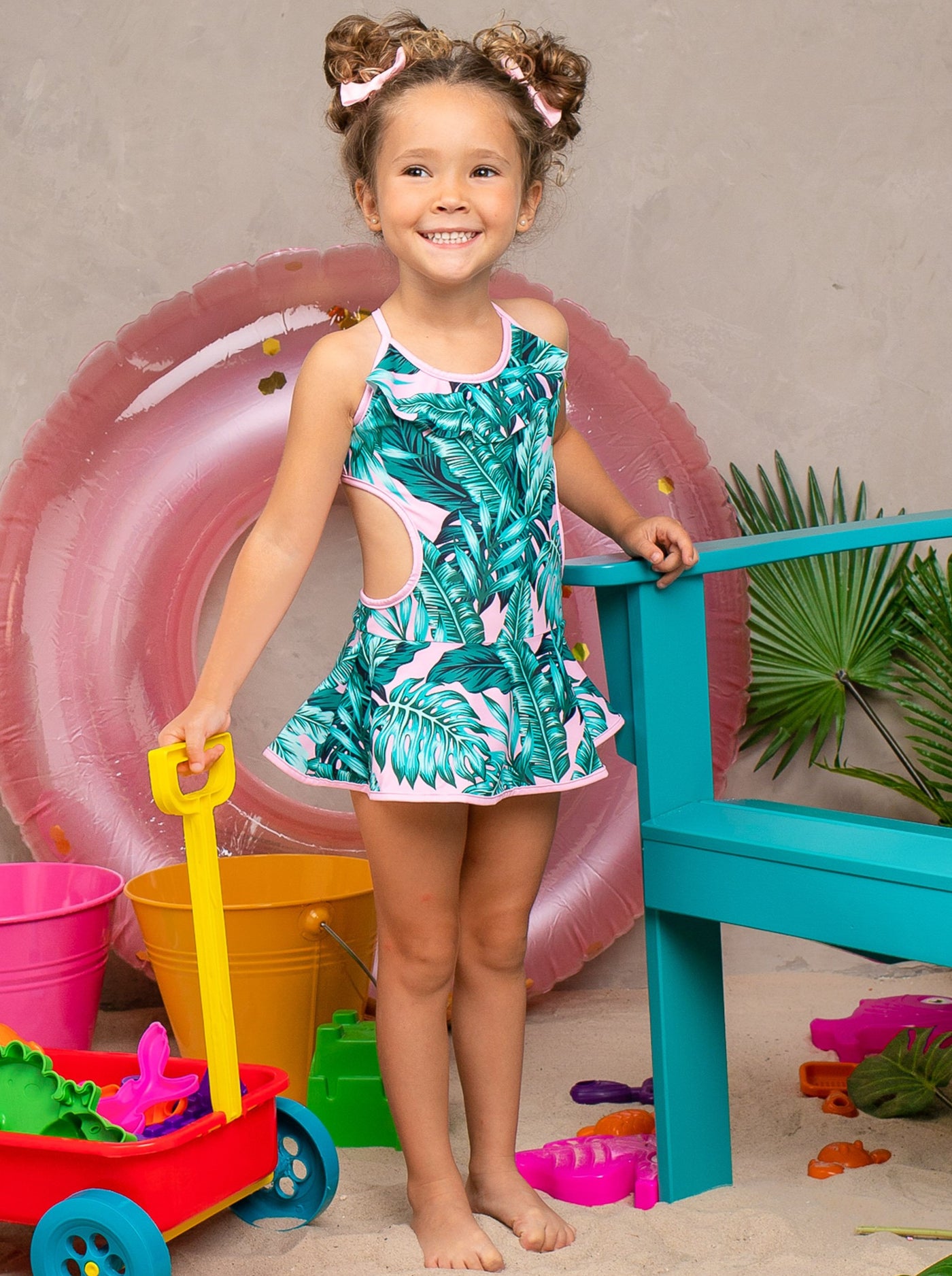 Girls skirted halter one-piece swimsuit with palm print and open back 2T/10Y