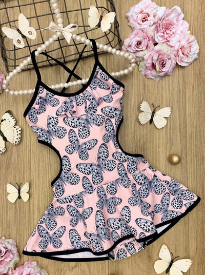 girls pink with butterflies one piece skirted swimsuit 2T/10Y