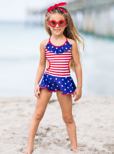 Girls Swimsuits | US Flag Cutout Skirted One Piece | Mia Belle Girls