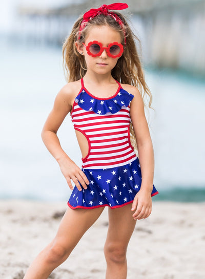 Girls Swimsuits | US Flag Cutout Skirted One Piece | Mia Belle Girls