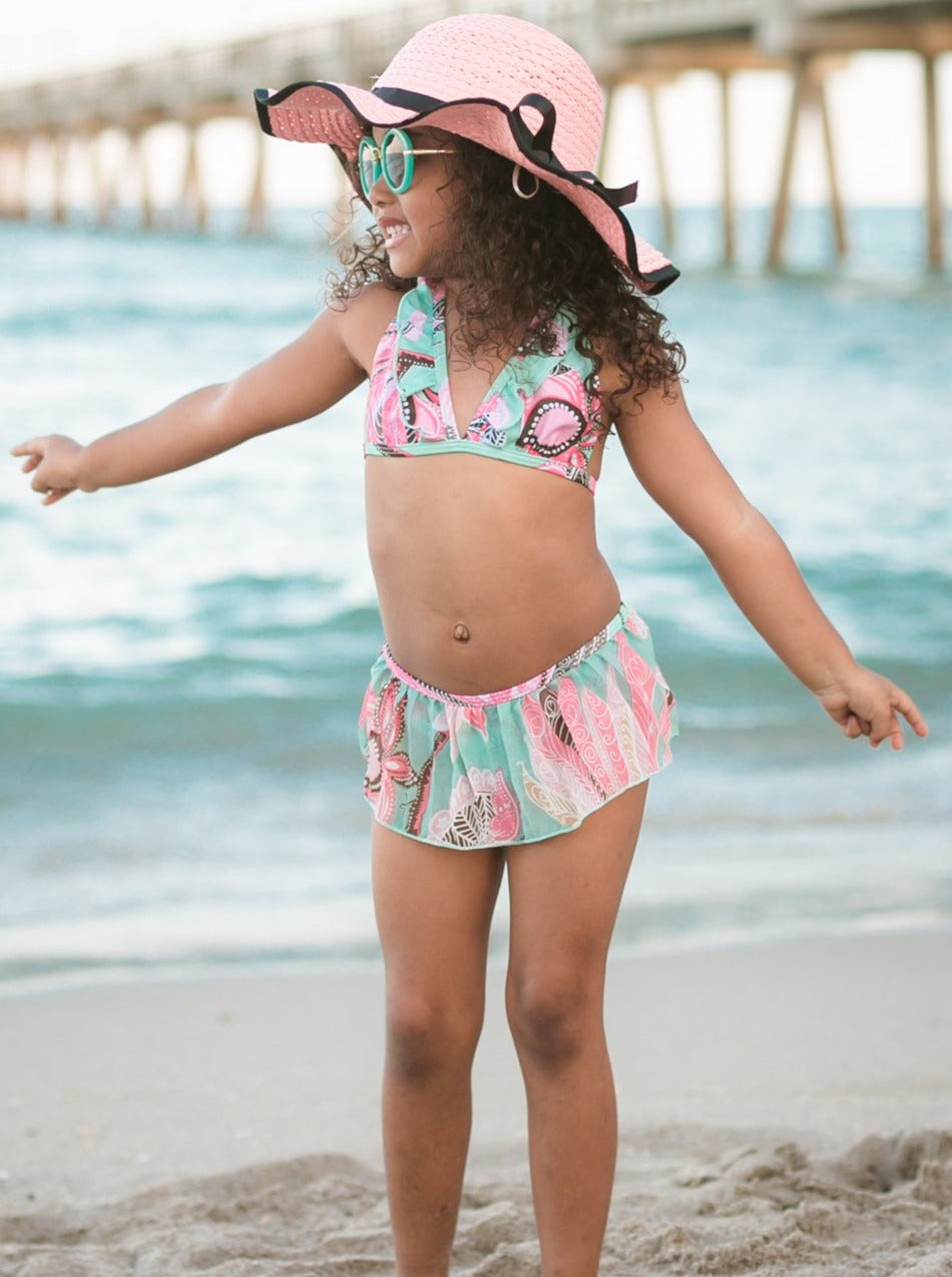 Girls Aqua Floral Skirted Bikini With Matching Cover Up - Girls Two Piece Swimsuit
