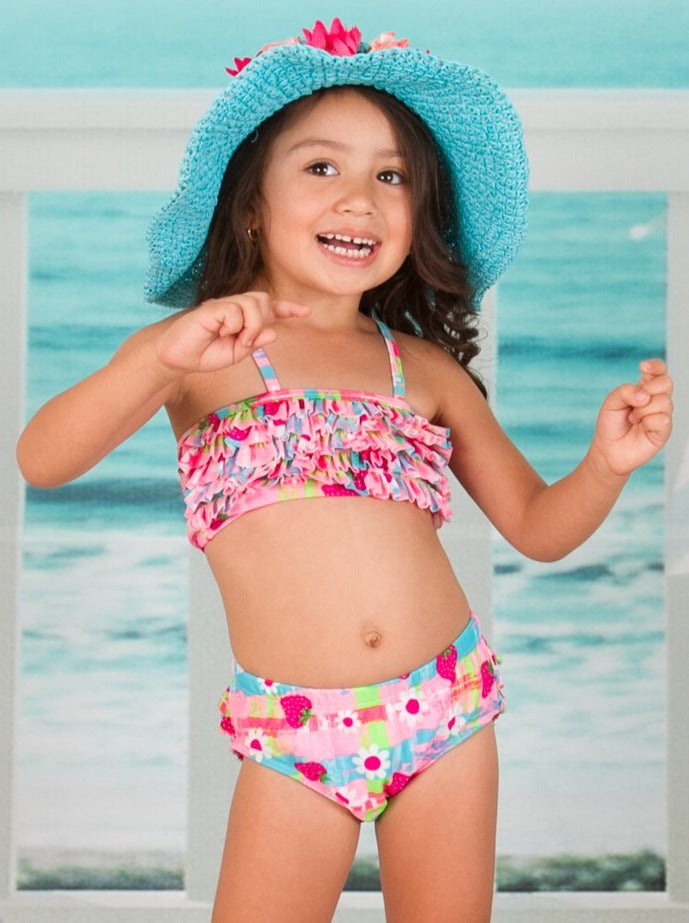 Girls Strawberry Floral Ruffled Two Piece Swimsuit - Girls Two Piece Swimsuit