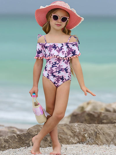 One Piece Girls Swimsuit | Camouflage Pom Pom Ruffle Bib Swimsuit
