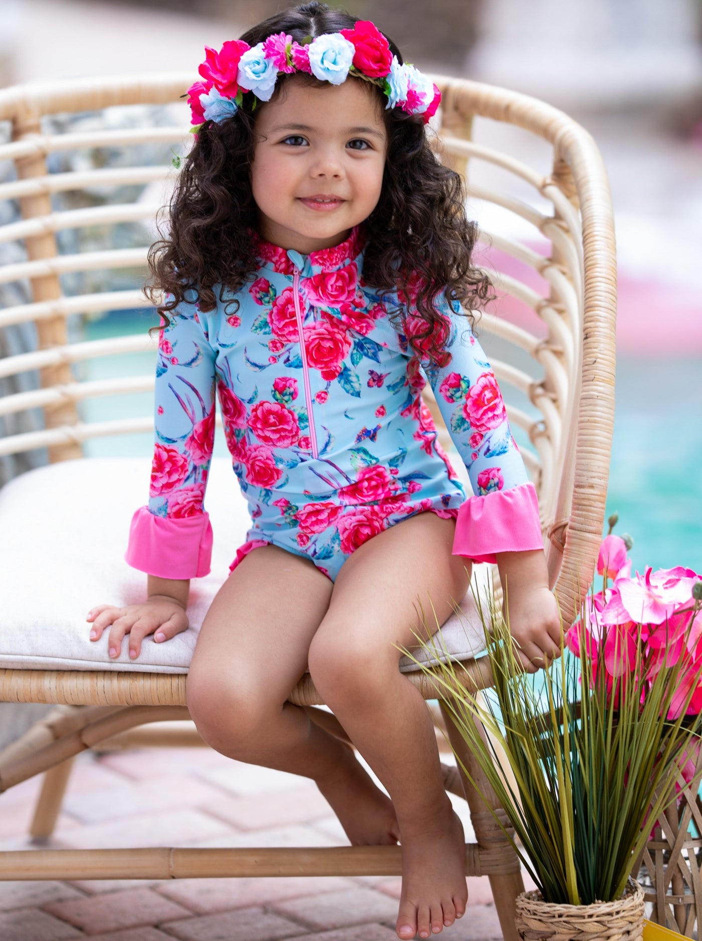 Toddler Rash Guard Swimsuit | Girls Floral Ruffled One-Piece Swimsuit
