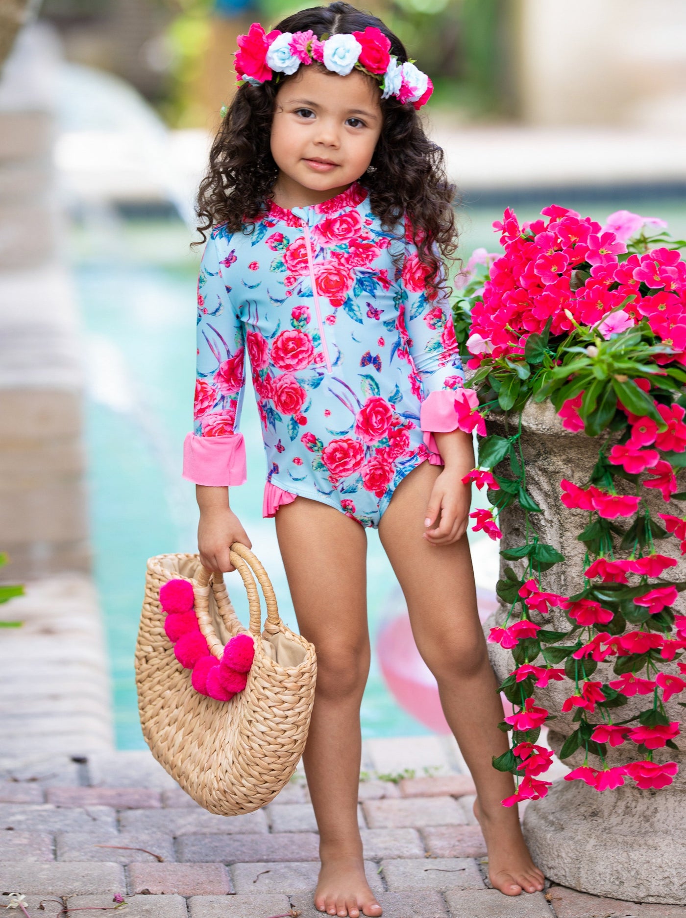 Toddler Rash Guard Swimsuit | Girls Floral Ruffled One-Piece Swimsuit