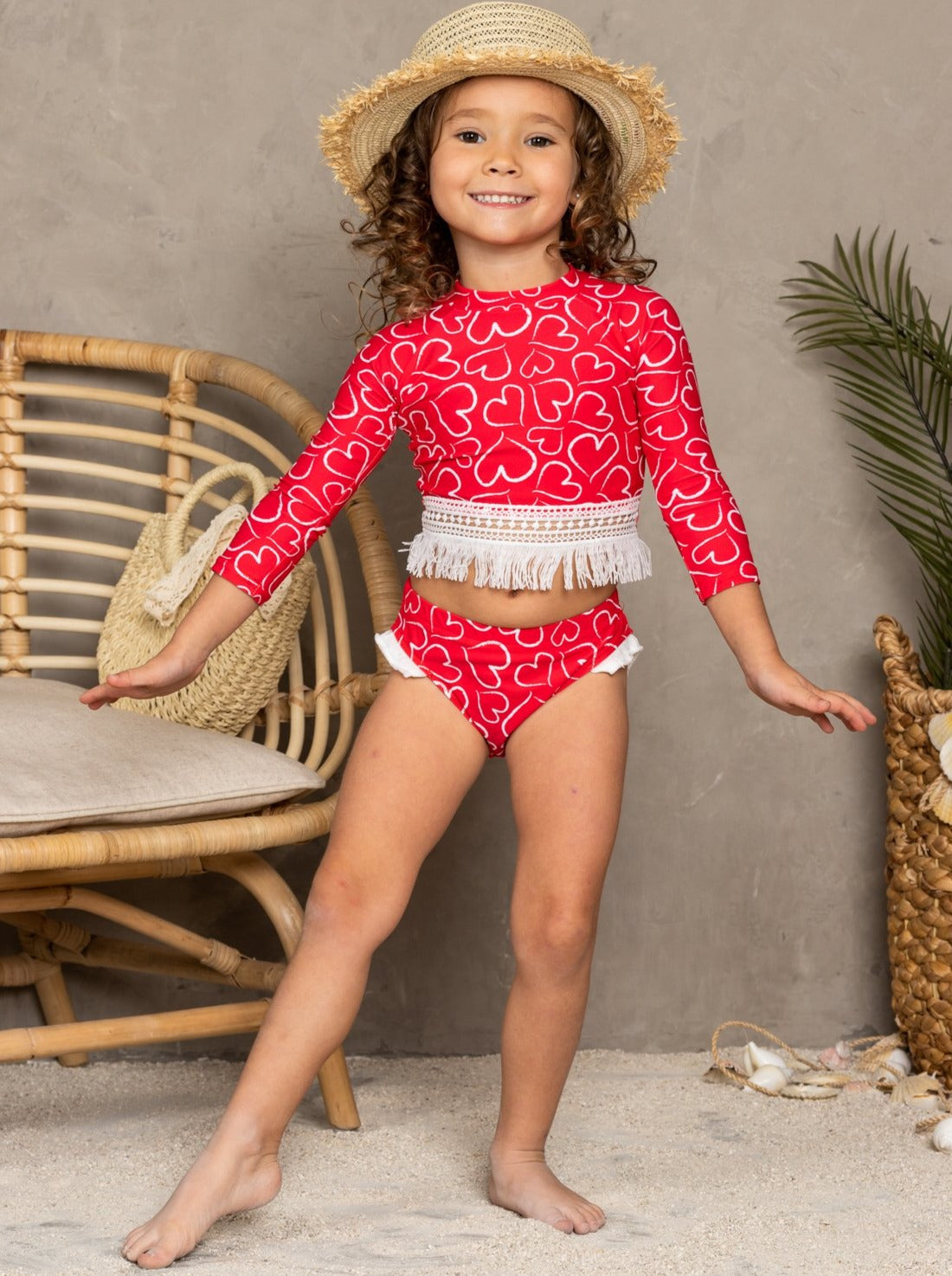 Toddler Rash Guard Swimsuit | Girls Crochet Hem Two Piece Swimsuit
