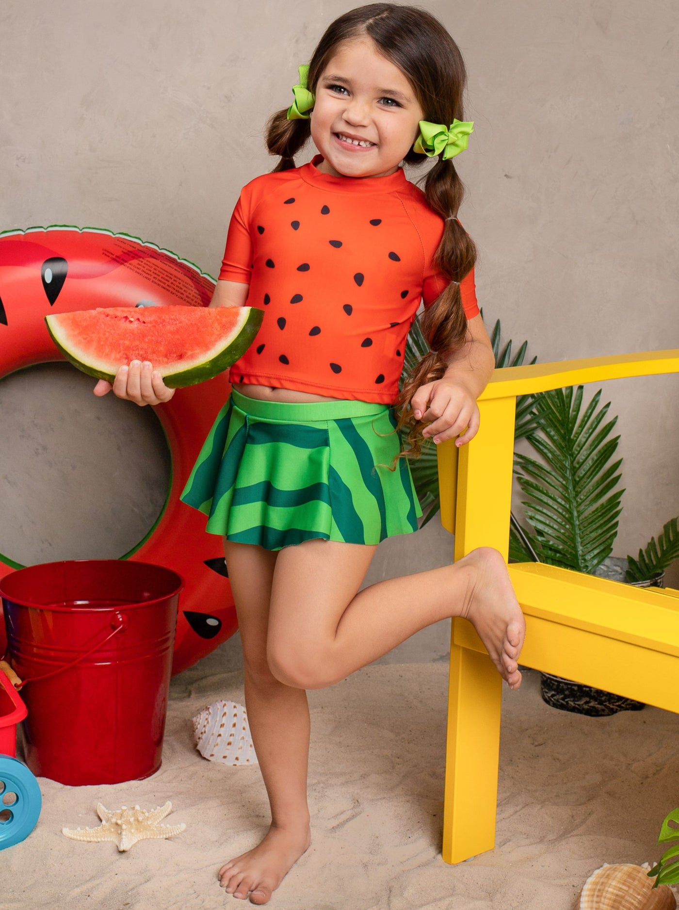 Little Girls Watermelon Skirted Two Piece Rash Guard Swimsuit