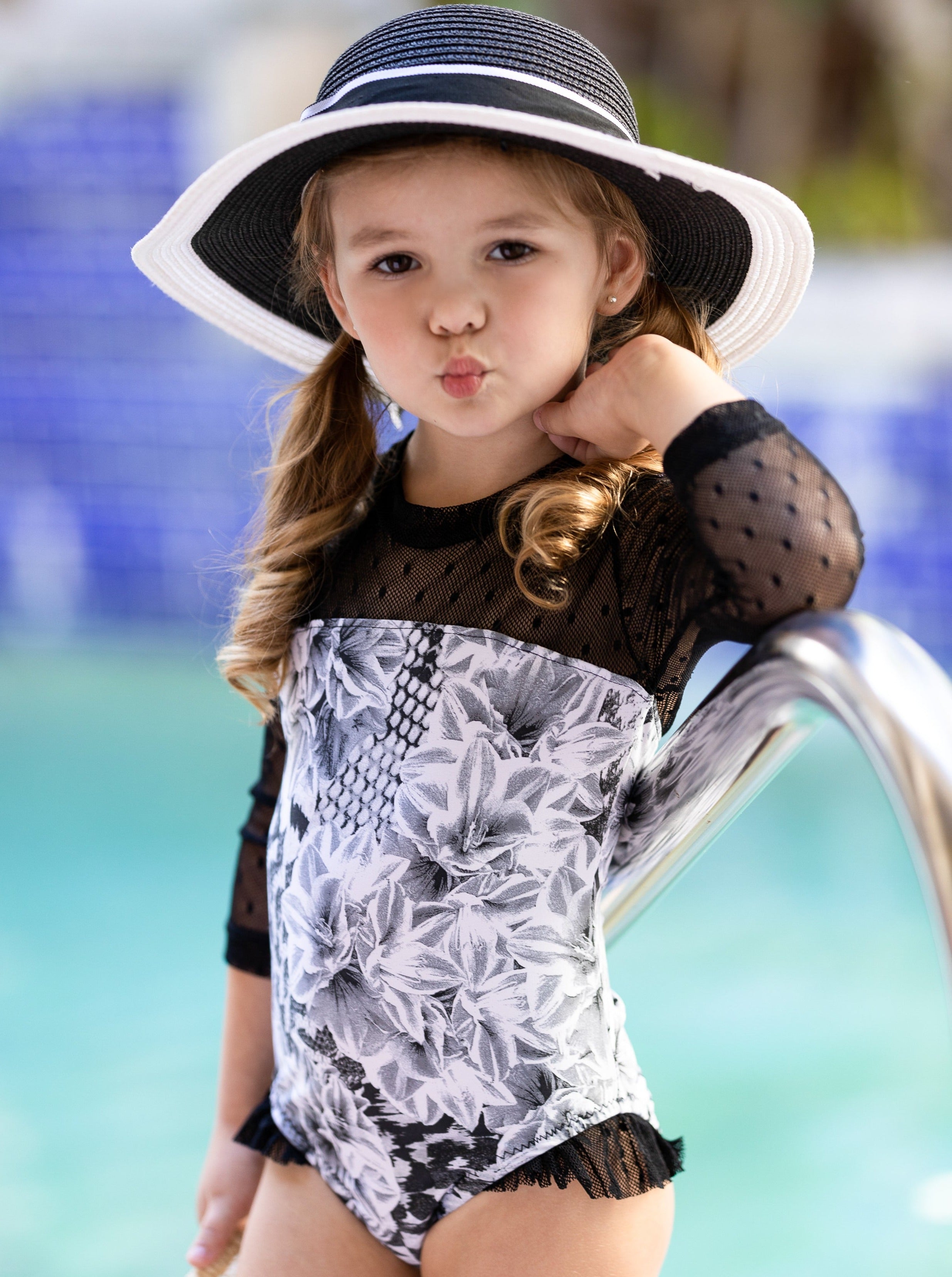 Kids Cute Swimsuits Girls Floral Lace Rash Guard One Piece Swimsuit