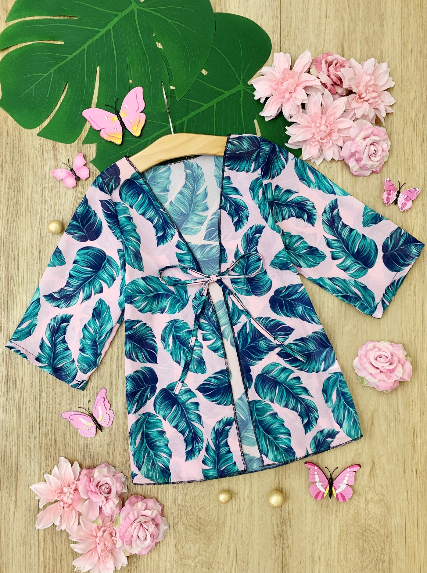 Toddlers Cover Up | Little Girls Pink Tropical Kimono Style Cover Up