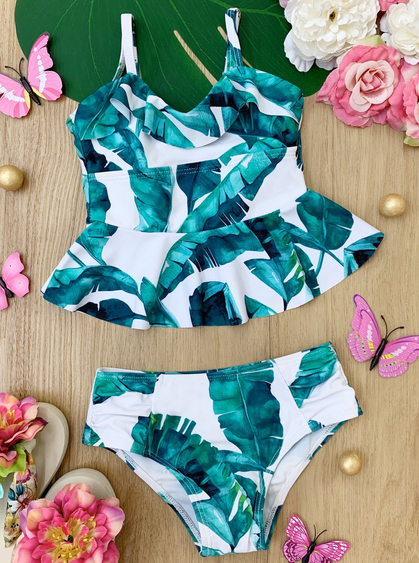 Mia Belle Girls Palm Print Tankini Two Piece Swimsuit | Resort Wear