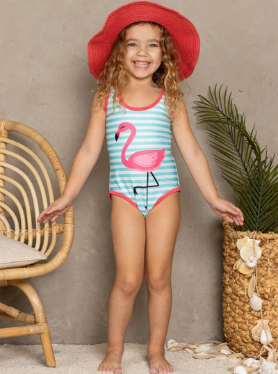 Girls Blue Striped Flamingo One Piece Swimsuit - Girls One Piece Swimsuit