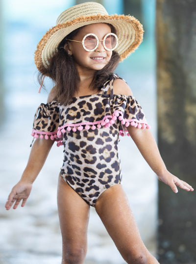 Girls Off the Shoulder Pom Pom Ruffle One Piece Swimsuit - Brown / 2T/3T - Girls One Piece Swimsuit