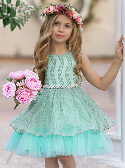 Girls Embroidered Bodice with Pearl Detail Waist Special Occasion Dress mint tulle underlayer bow at the back 4T/8Y