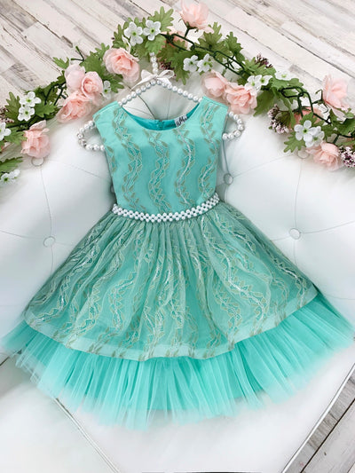 Girls Embroidered Bodice with Pearl Detail Waist Special Occasion Dress mint tulle underlayer bow at the back 4T/8Y